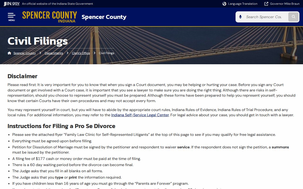 Spencer County Clerk civil filing information and fees