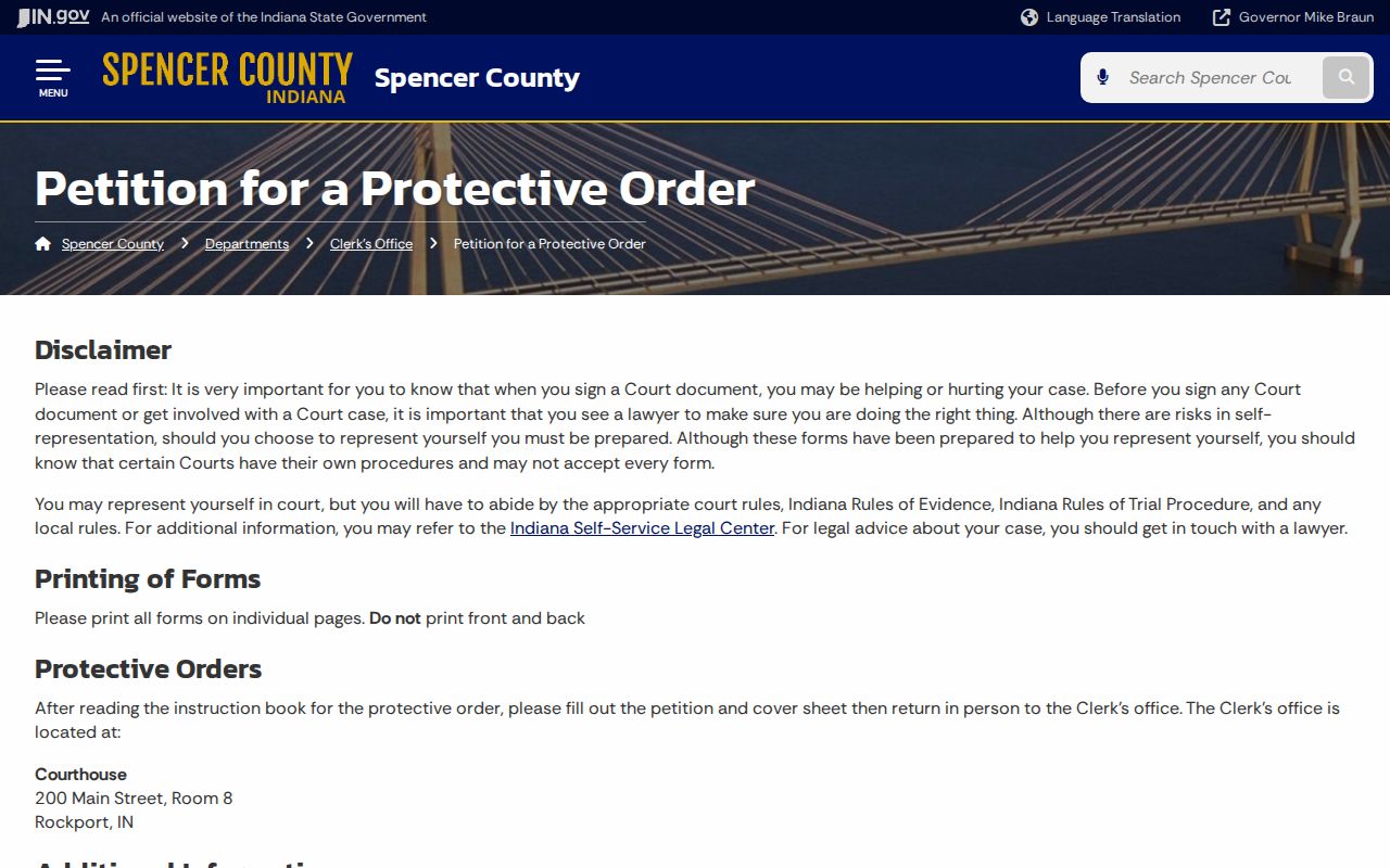 Spencer County protective order filing page and form links