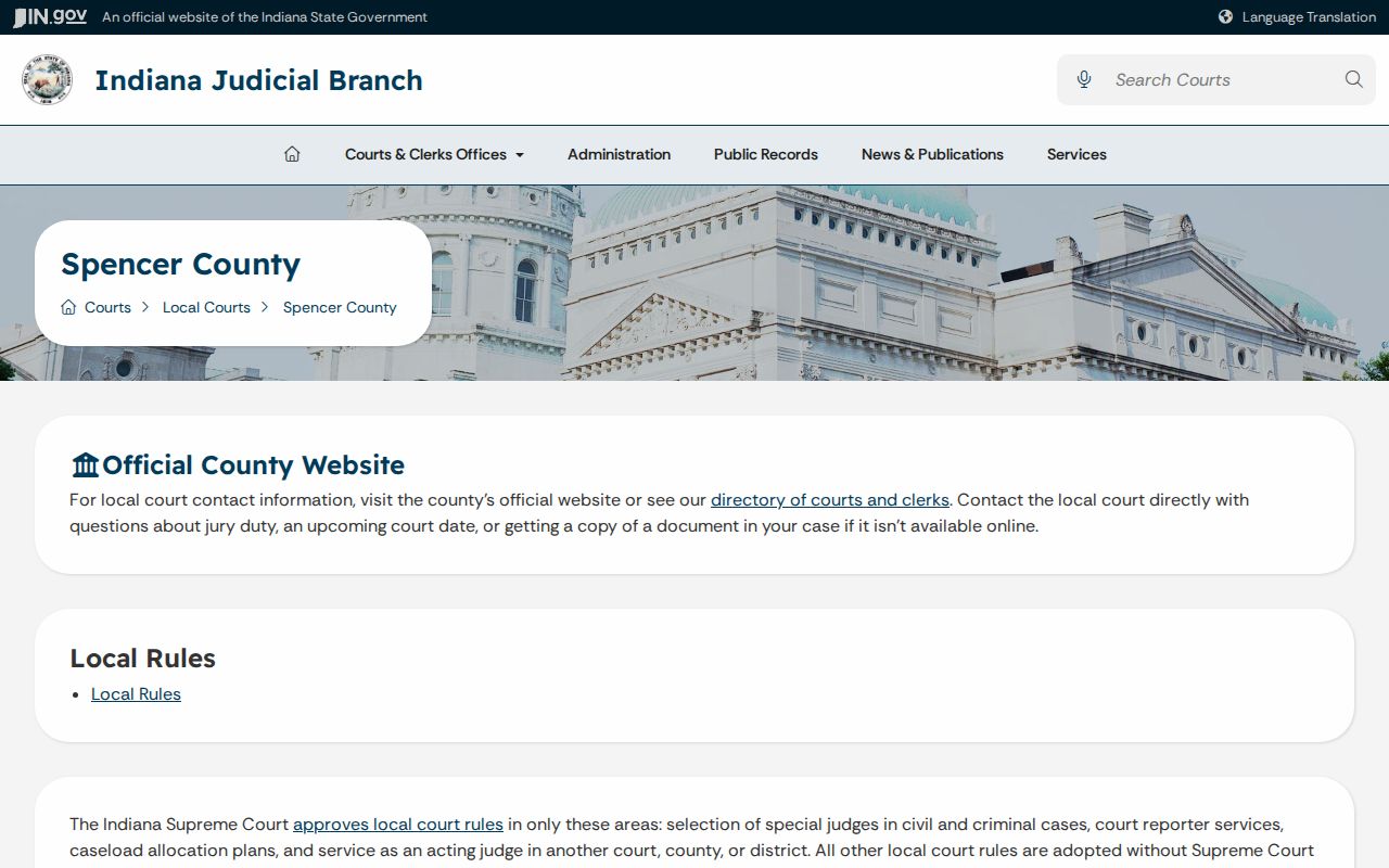 Official Indiana Spencer County court docket routing page